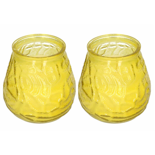 2x Windlicht geurkaars citronella anti muggen geel glas