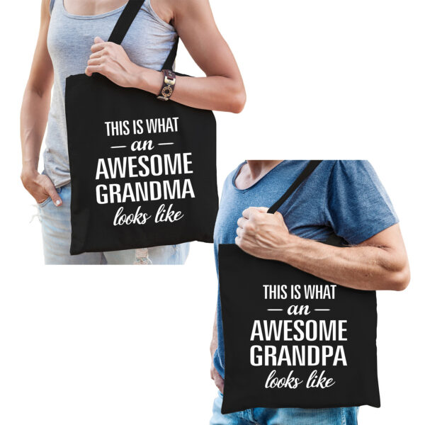 Awesome grandma en grandpa tasje zwart - Cadeau tassen set voor Opa en Oma