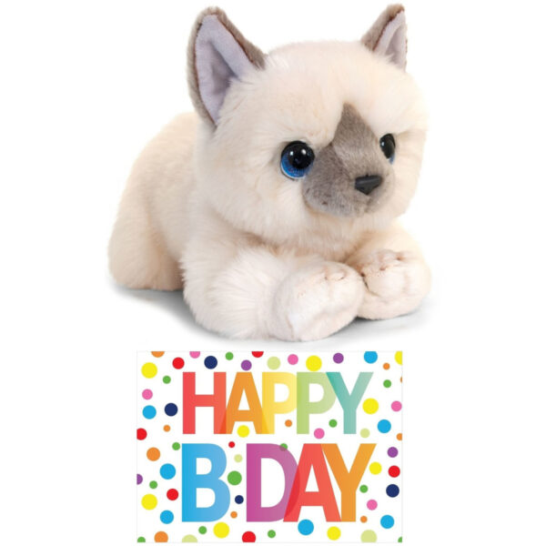 Cadeau setje pluche creme witte kat/poes knuffel 32 cm met Happy Birthday wenskaart