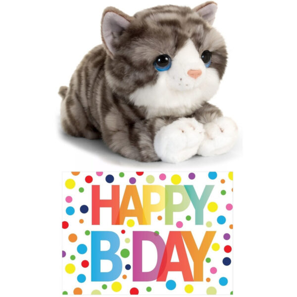 Cadeau setje pluche grijze kat/poes knuffel 32 cm met Happy Birthday wenskaart