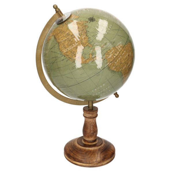 Decoratie wereldbol/globe groen op mangohouten voet 23 x 38 cm