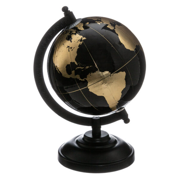 Decoratie wereldbol/globe zwart/goud op metalen voet D13 x H22 cm