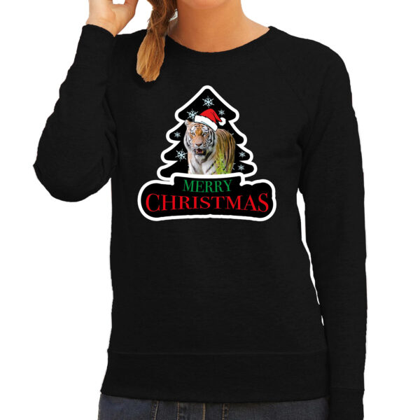 Dieren kersttrui tijger zwart dames - Foute tijgers kerstsweater