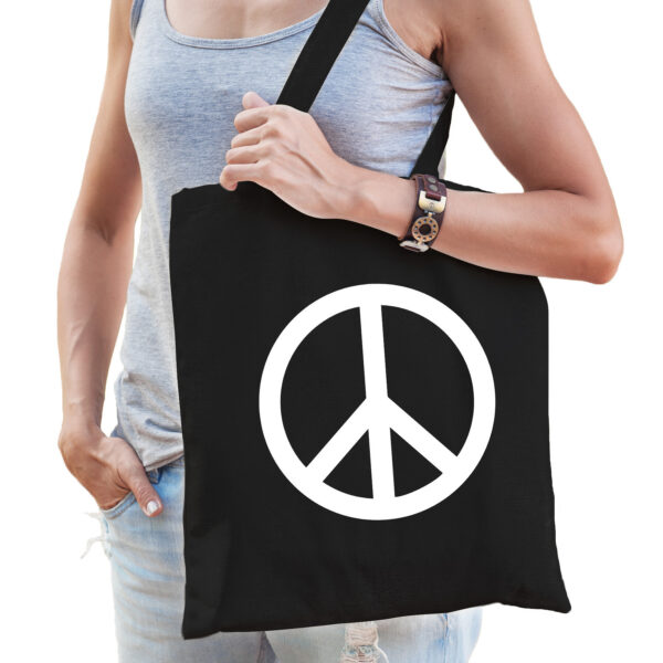 Flower Power katoenen tas met peace teken zwart voor volwassenen