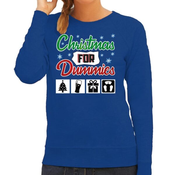 Foute Kersttrui Christmas for dummies blauw voor dames