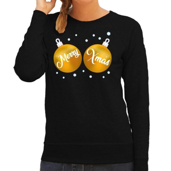 Foute kersttrui / sweater zwart met gouden Merry Xmas dames