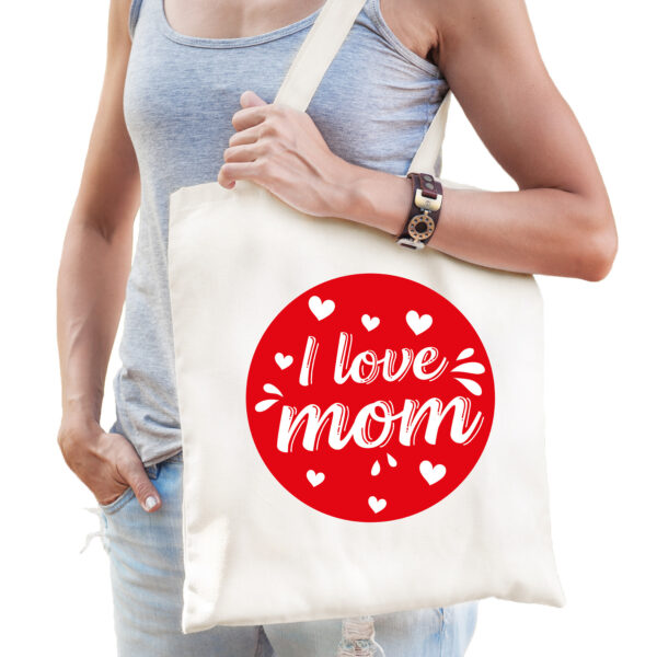 I love mom / Ik hou van mama hartjes katoenen cadeau tasje wit naturel/ offwhite