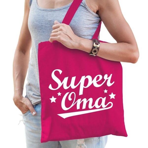 Katoenen cadeau tasje Super oma fuchsia roze