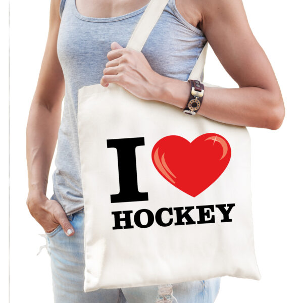 Katoenen tasje I love hockey wit voor dames en heren