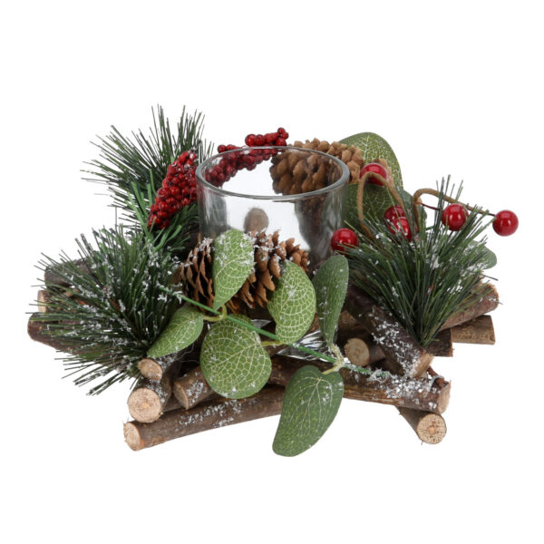 Kerststukje stervorm met theelichthouder en decoratie 17 x 8 cm kerst tafeldecoratie