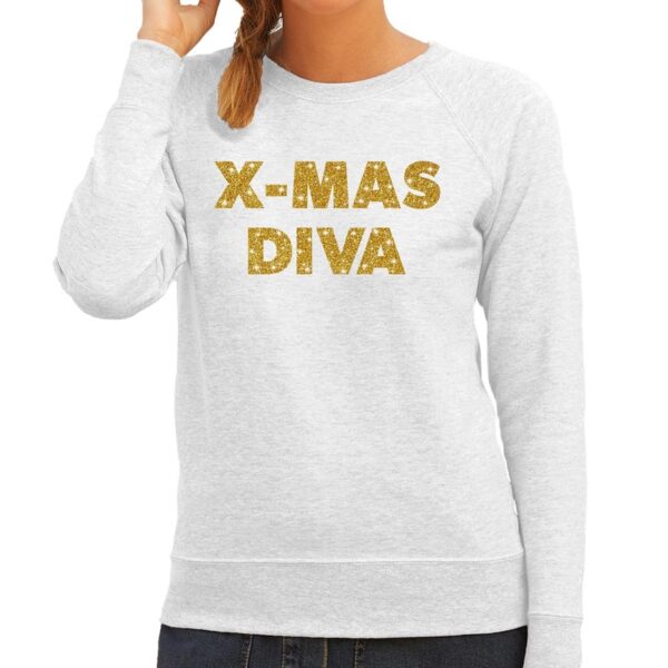 Kersttrui Christmas Diva gouden glitter letters grijs dames