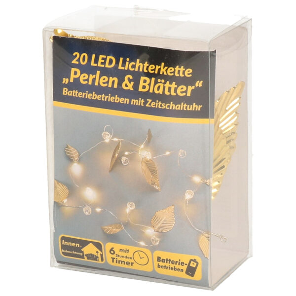 LED draadverlichting parels en blaadjes goud 2,20 meter op batterijen met timer