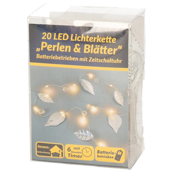 LED draadverlichting parels en blaadjes zilver 2,20 meter op batterijen met timer