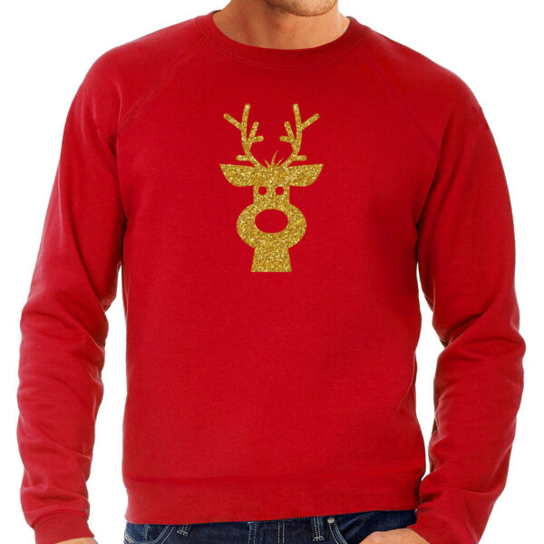 Rendier hoofd Kerst sweater / trui rood voor heren met gouden glitter bedrukking