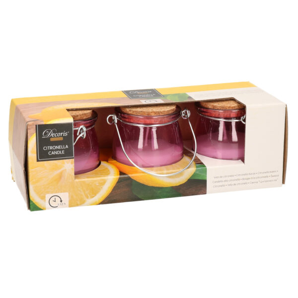 Set van 3x stuks anti muggen Citronella kaars in paars glazen potje