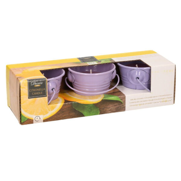 Set van 3x stuks anti muggen Citronella kaars in paars zinken potje