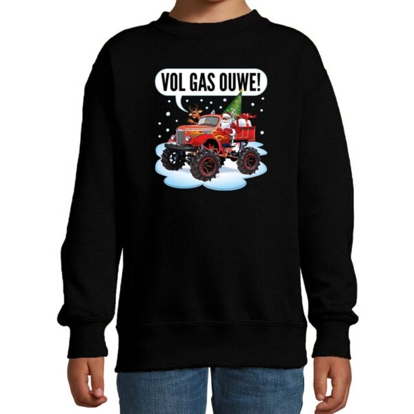 Stoere kersttrui / sweater vol gas ouwe monstertruck zwart kids