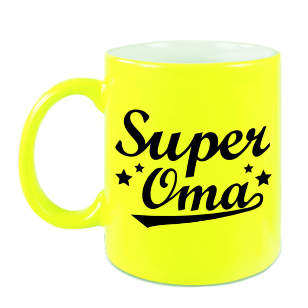 Super oma cadeau mok / beker neon geel met sterren 330 ml