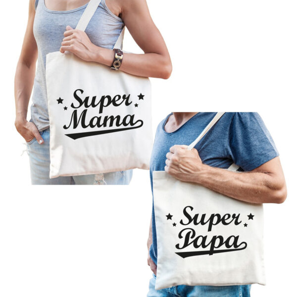 Super papa en Super mama tasje - Cadeau tassen set voor Papa en Mama