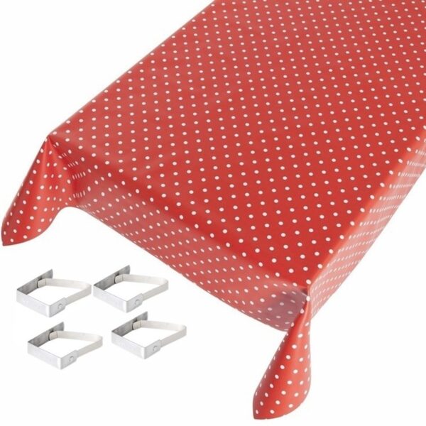 Tafelkleed/tafelzeil rood polkadot 140 x 170 cm met 4 klemmen