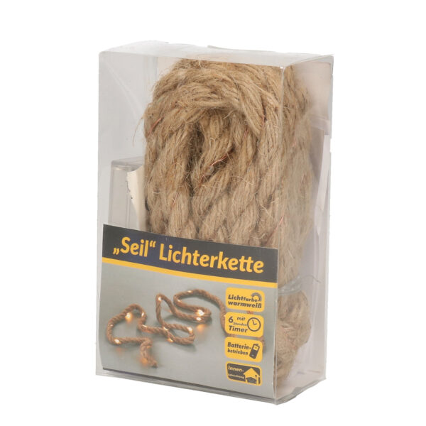 Touwverlichting jute met warm witte LED lampjes 2 meter op batterijen met timer