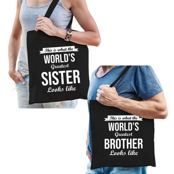 Worlds greatest Brother en Sister tasje zwart - Cadeau tassen set voor Broer en Zus