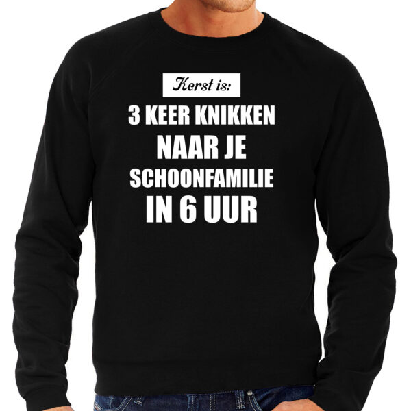 Zwarte foute kersttrui / sweater Kerst is 3 keer knikken naar schoonfamilie outfit heren